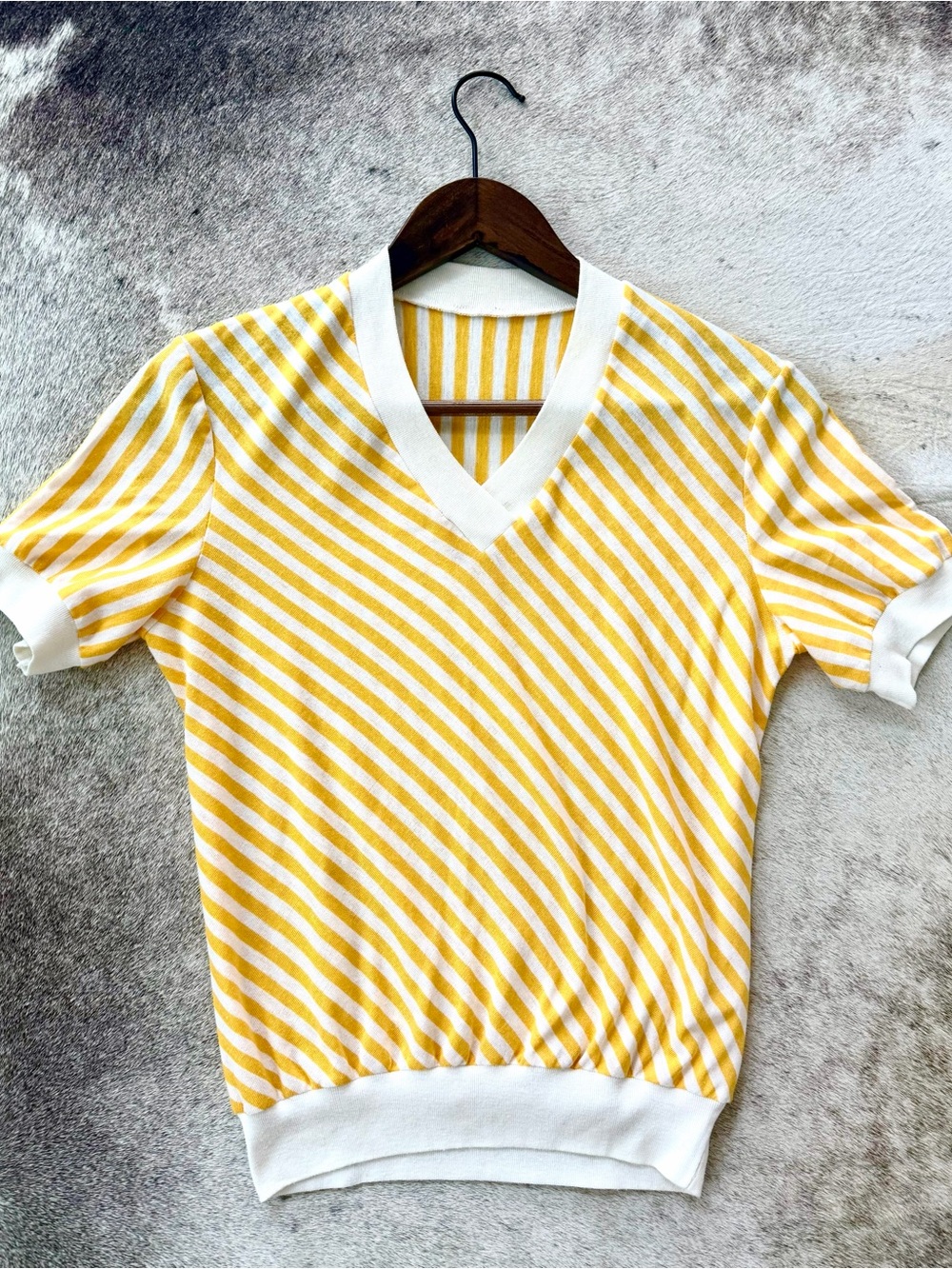 Vintage Yellow & White Striped V-Neck Knit Top